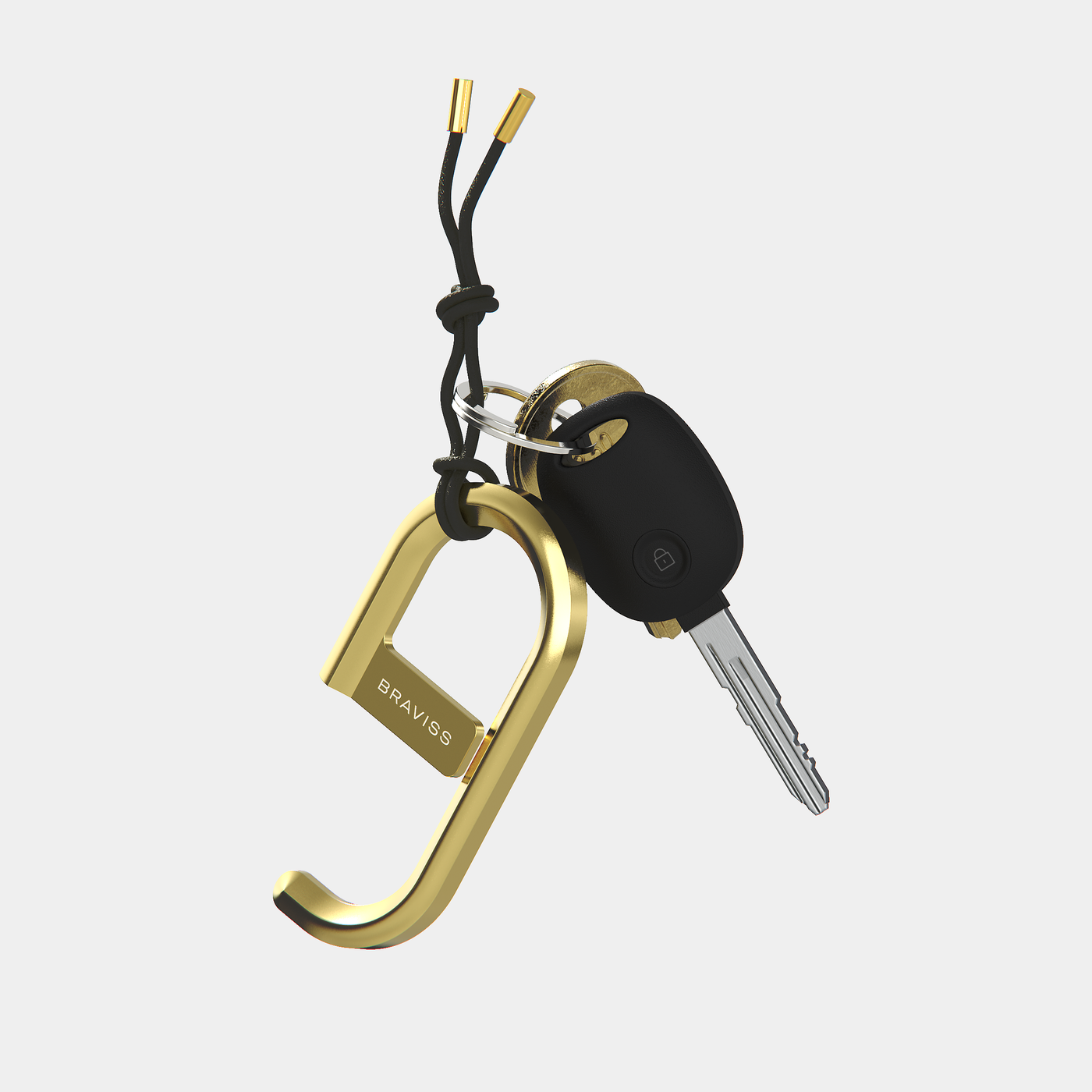 BRAVISS Brass Keychain Touch Tool and Leather Fob String. 2 Keys, one car key, the other a bronze house key, linked by a ring. The ring is tied to the leather fob string.